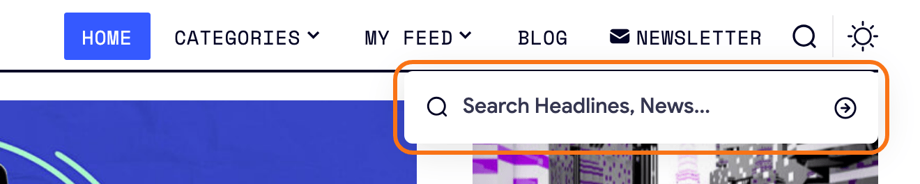 The Signal demo header after a click on the search icon: the standalone search form open under the icon, outlined in orange, with its magnifier, the placeholder text and the submit arrow