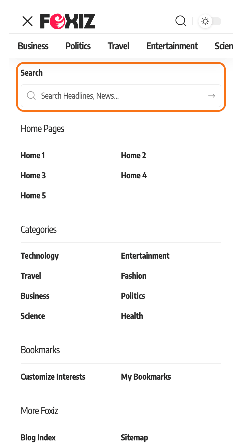 The top of the mobile menu panel open on the Foxiz Default demo: the search form, outlined, then the menu with its submenus in two columns