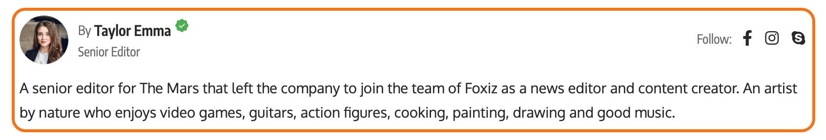 The author card under a post on the Foxiz Default demo: avatar, name, bio and social links