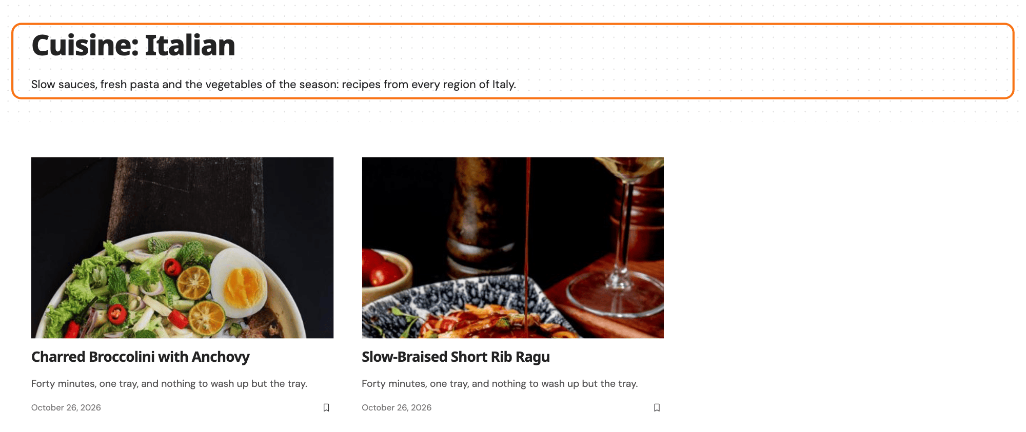 A Cuisines term archive on a Foxiz site, its term header with the term name and description outlined in orange above the post listing