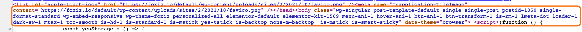 The body tag of a Foxiz Default demo post in View Page Source, outlined: its class list names the header layout, the single post layout and the Theme Design choices the page is using.