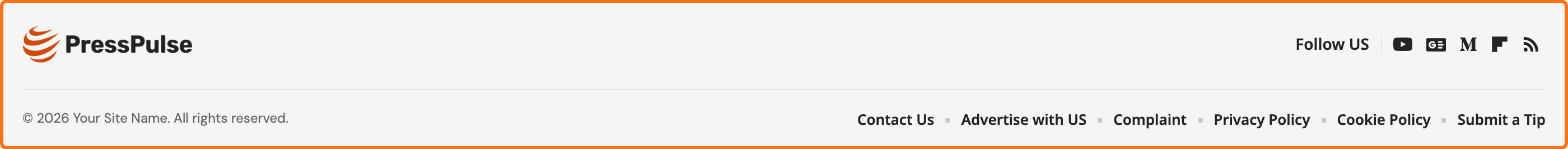 The bottom of the footer on the front end: the footer logo and Follow US icons, then the copyright line with this year filled in and the copyright menu.