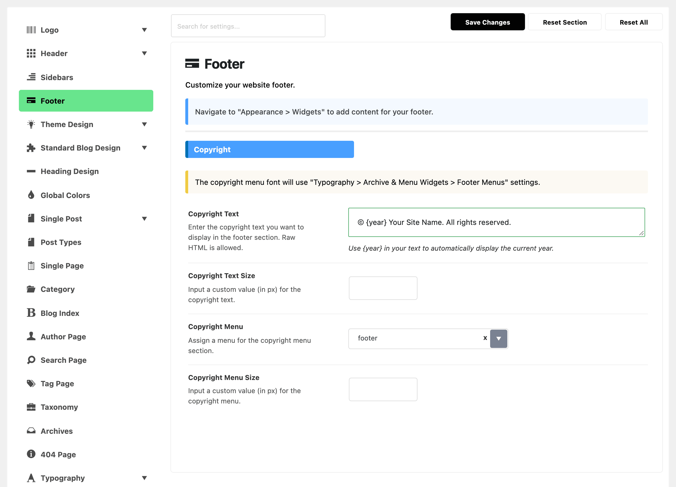 The Copyright section of Theme Options > Footer with copyright text using year, a Copyright Menu picked, and the two size fields showing.