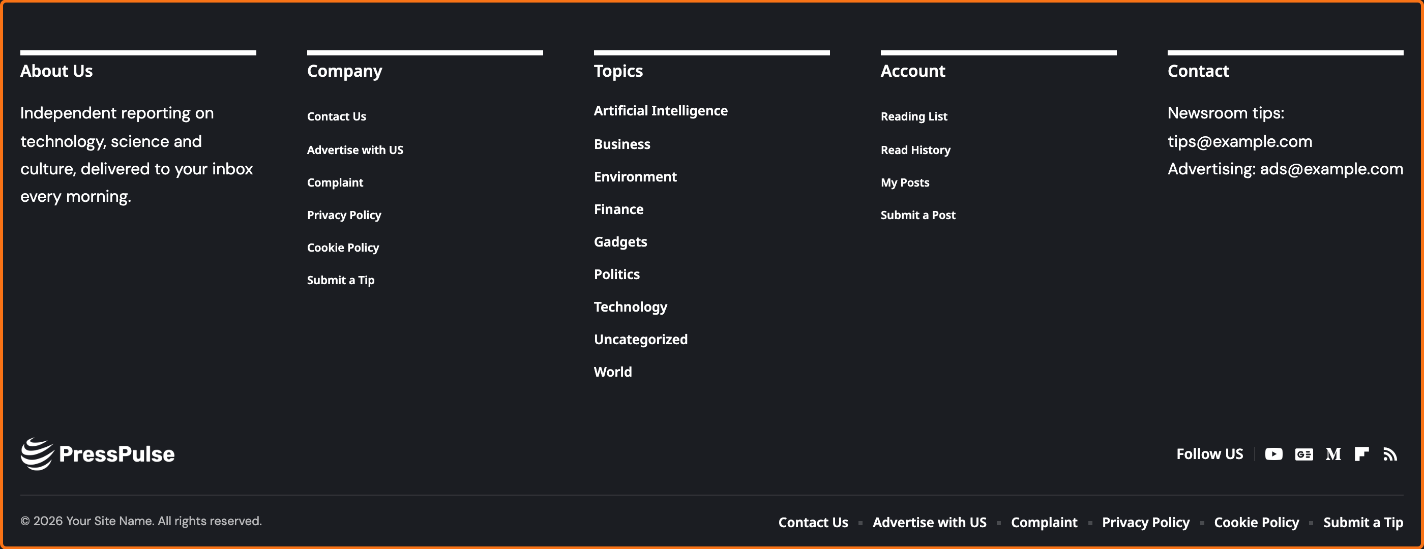 A built-in footer with a dark background and Light Text, outlined in orange.