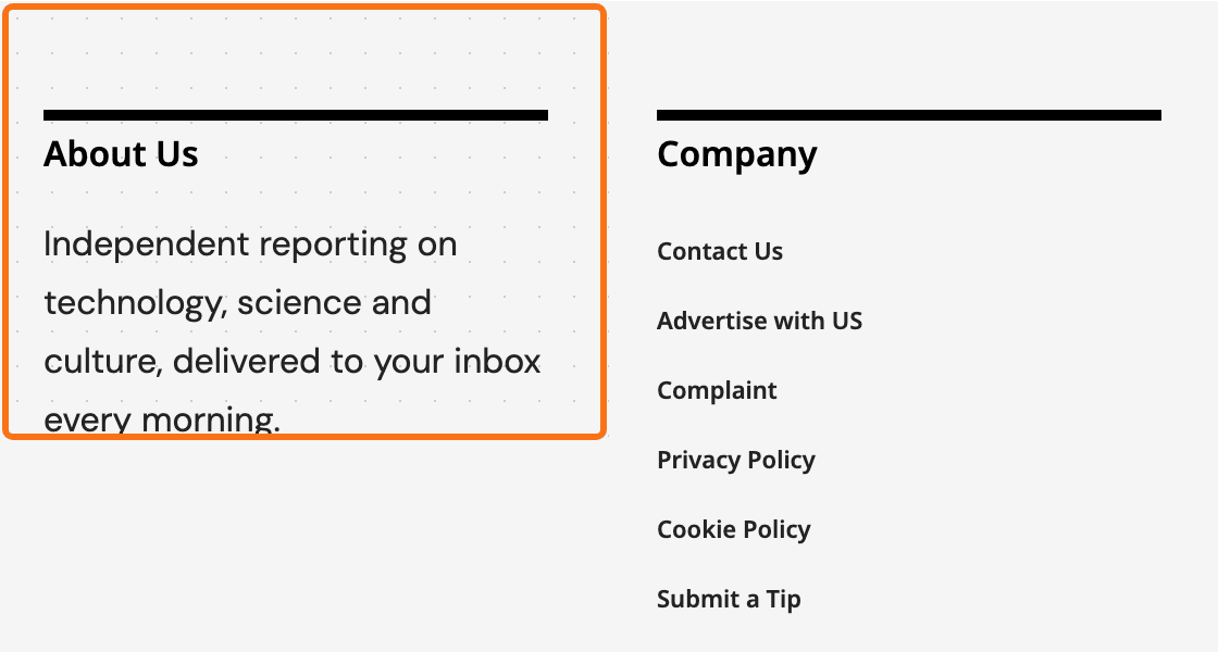 The top left corner of the demo site's footer with Gray Dotted on: a faint grey dot pattern behind the first widget column, its area outlined in orange.