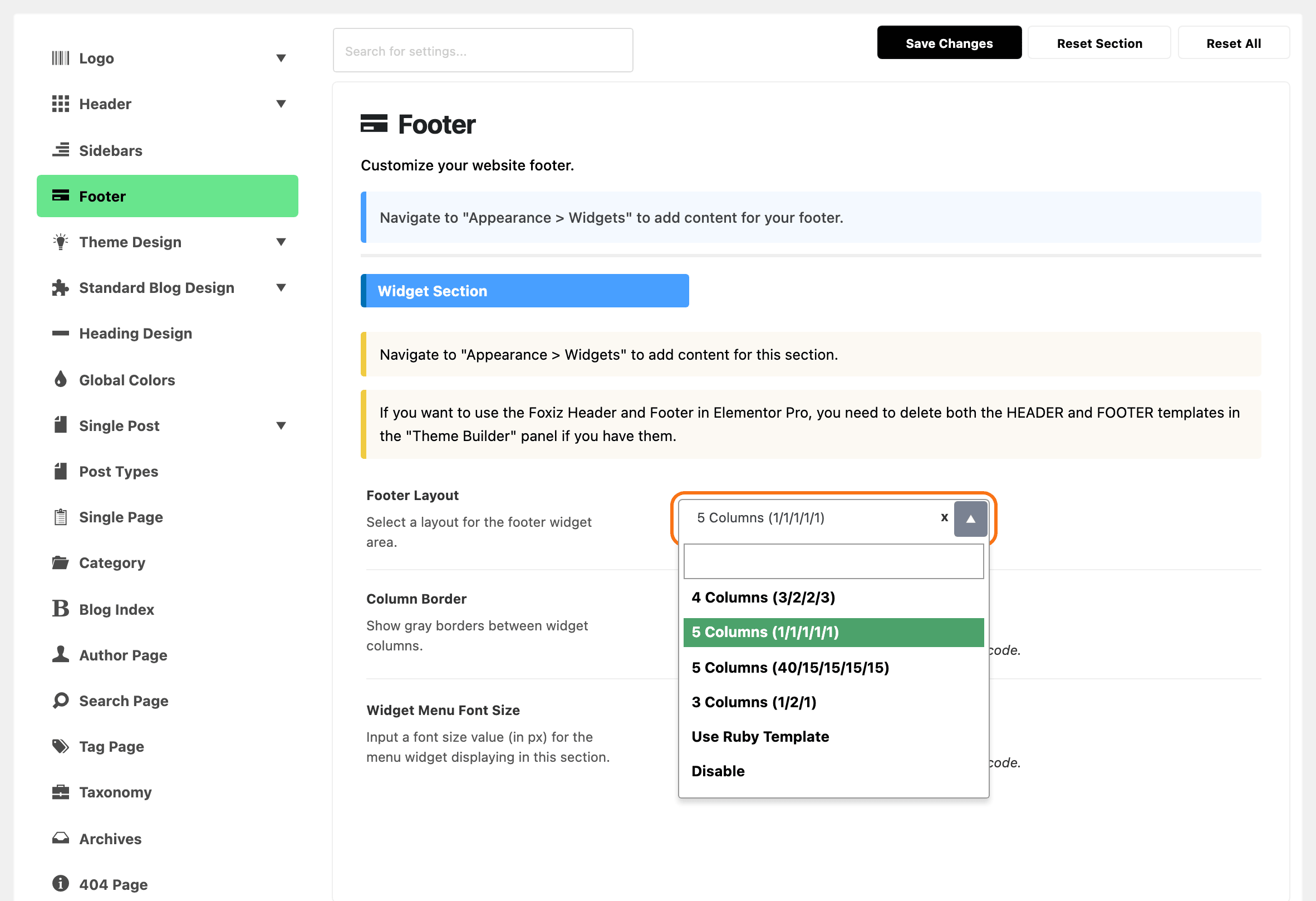 Theme Options with Footer highlighted in the section list, beside the Widget Section group with the Footer Layout dropdown open, outlined in orange: 4 Columns (3/2/2/3), 5 Columns (1/1/1/1/1), 5 Columns (40/15/15/15/15), 3 Columns (1/2/1), Use Ruby Template and Disable.