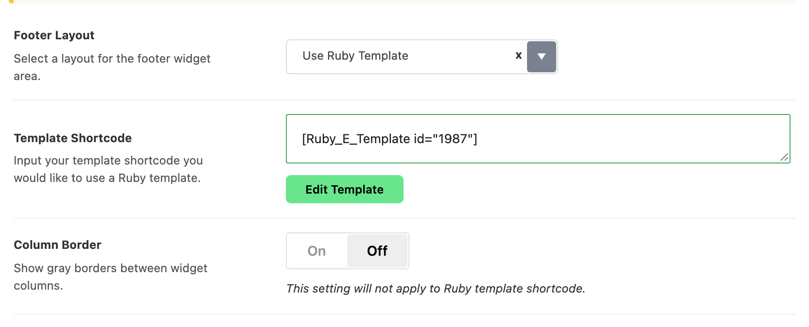 Footer Layout set to Use Ruby Template, which reveals the Template Shortcode field