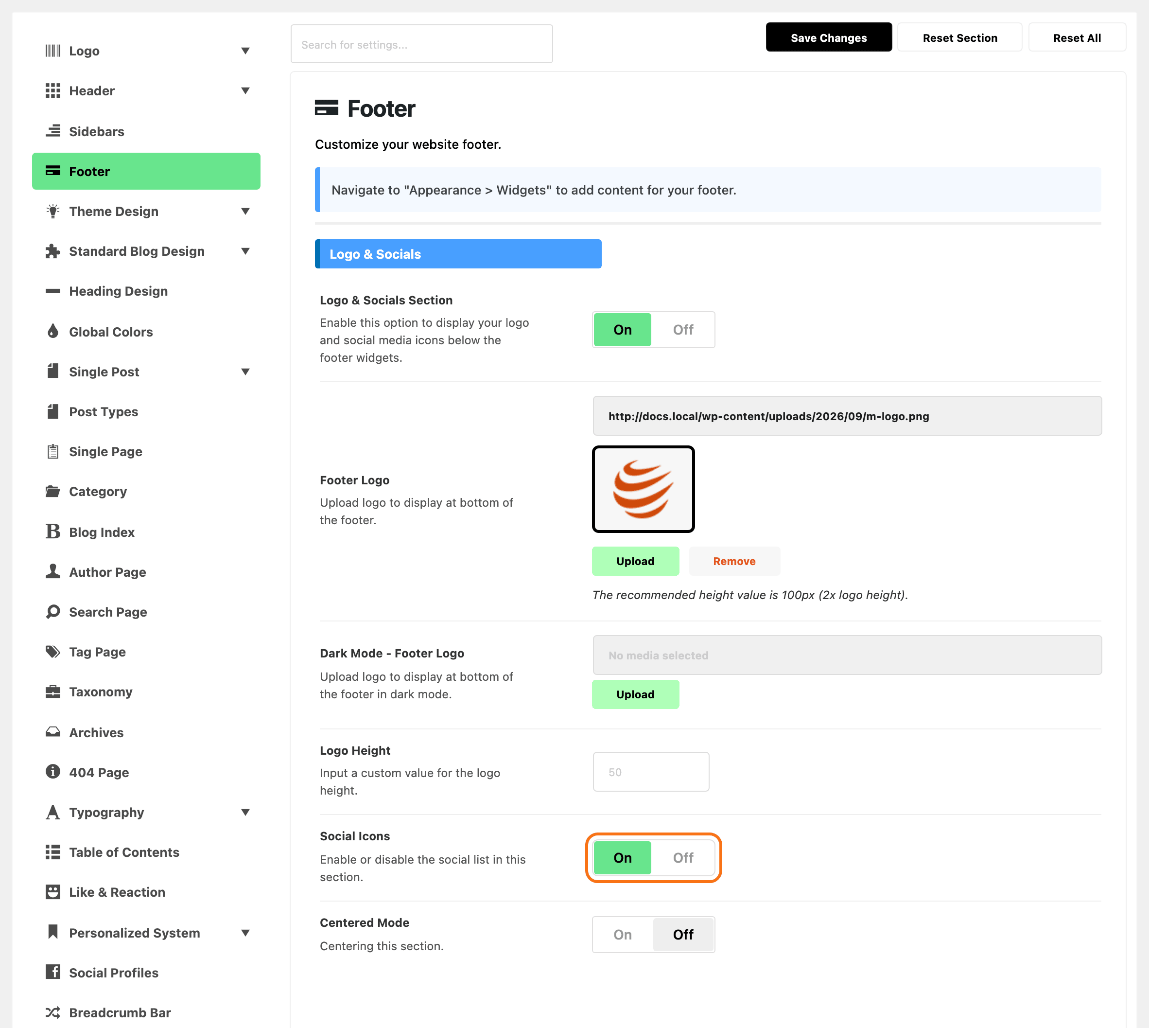 Theme Options with Footer highlighted in the section list, beside the Logo & Socials group: Logo & Socials Section on, a compact logo in Footer Logo, Dark Mode - Footer Logo empty, Logo Height empty, Social Icons on, outlined in orange, and Centered Mode off.