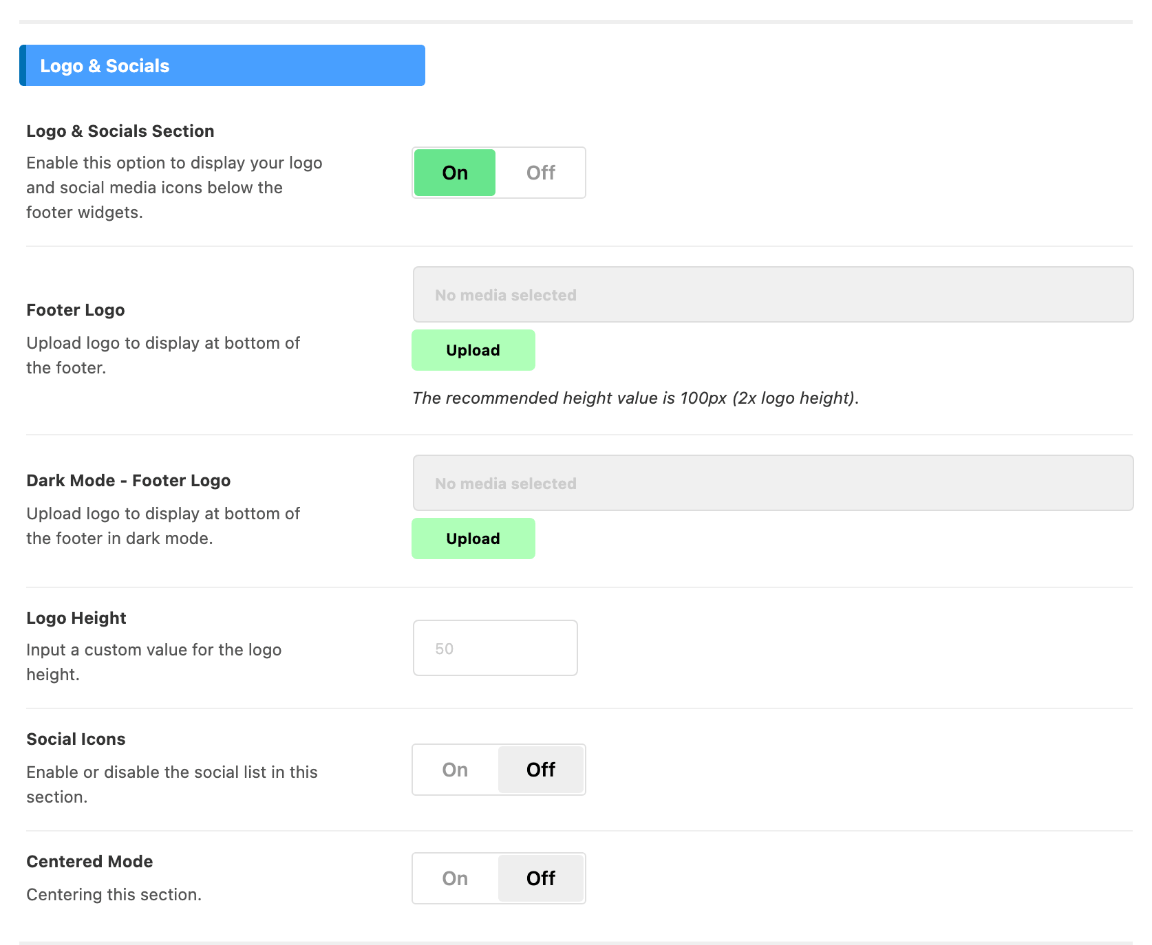 The Logo & Socials group of Theme Options > Footer, from the Logo & Socials Section switch to Social Icons and Centered Mode