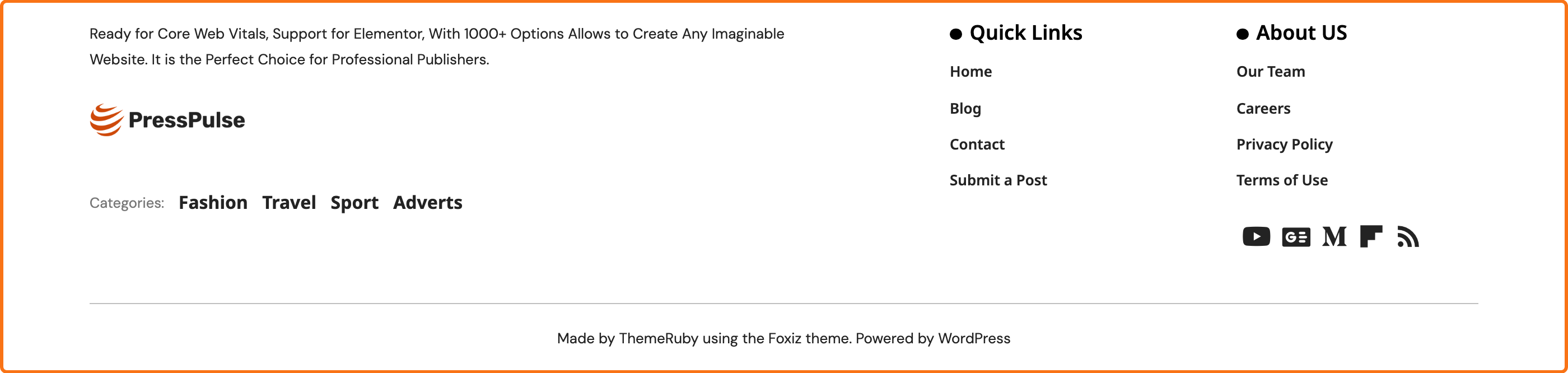A page showing its own footer template, the JFU Footer, instead of the site footer, outlined in orange.