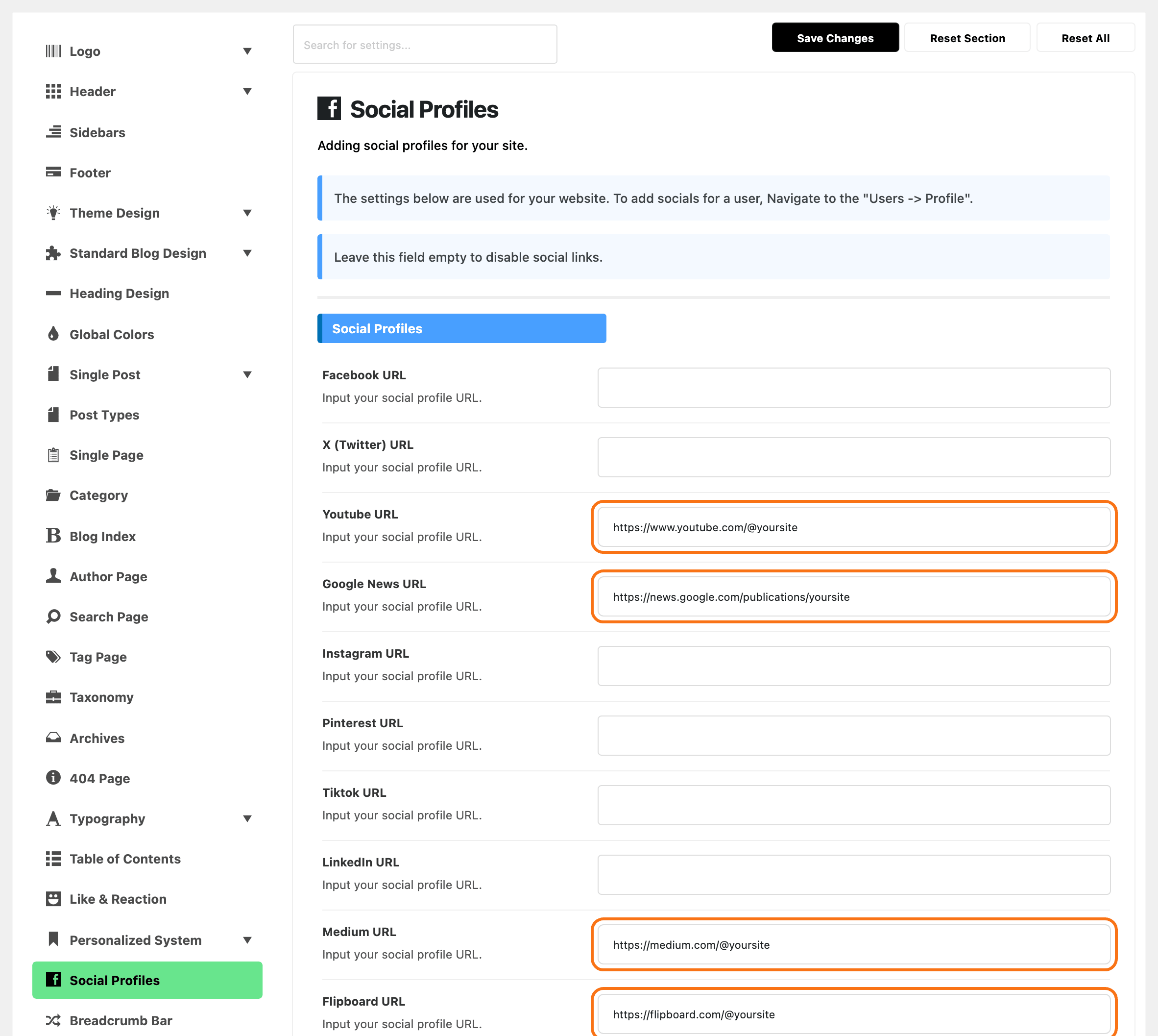 Theme Options with Social Profiles highlighted in the section list, beside its first fields: Facebook, X, Instagram, Pinterest, Tiktok and LinkedIn empty, and Youtube, Google News, Medium and Flipboard holding example addresses, outlined in orange.