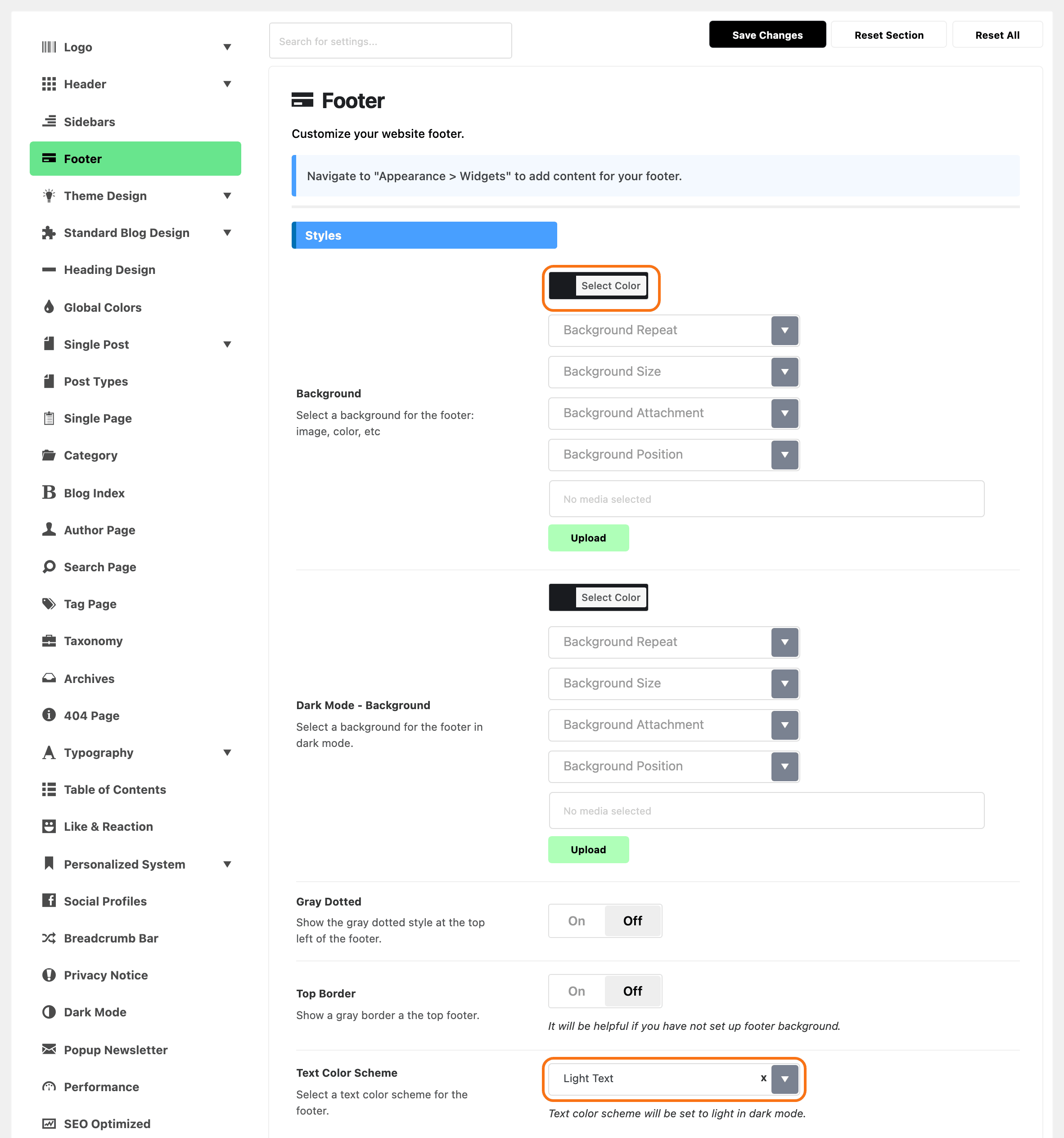 Theme Options with Footer highlighted in the section list, beside the Styles group: Background set to #1b1d22 and Text Color Scheme on Light Text, both outlined in orange, with Dark Mode - Background, Gray Dotted and Top Border left as they are.