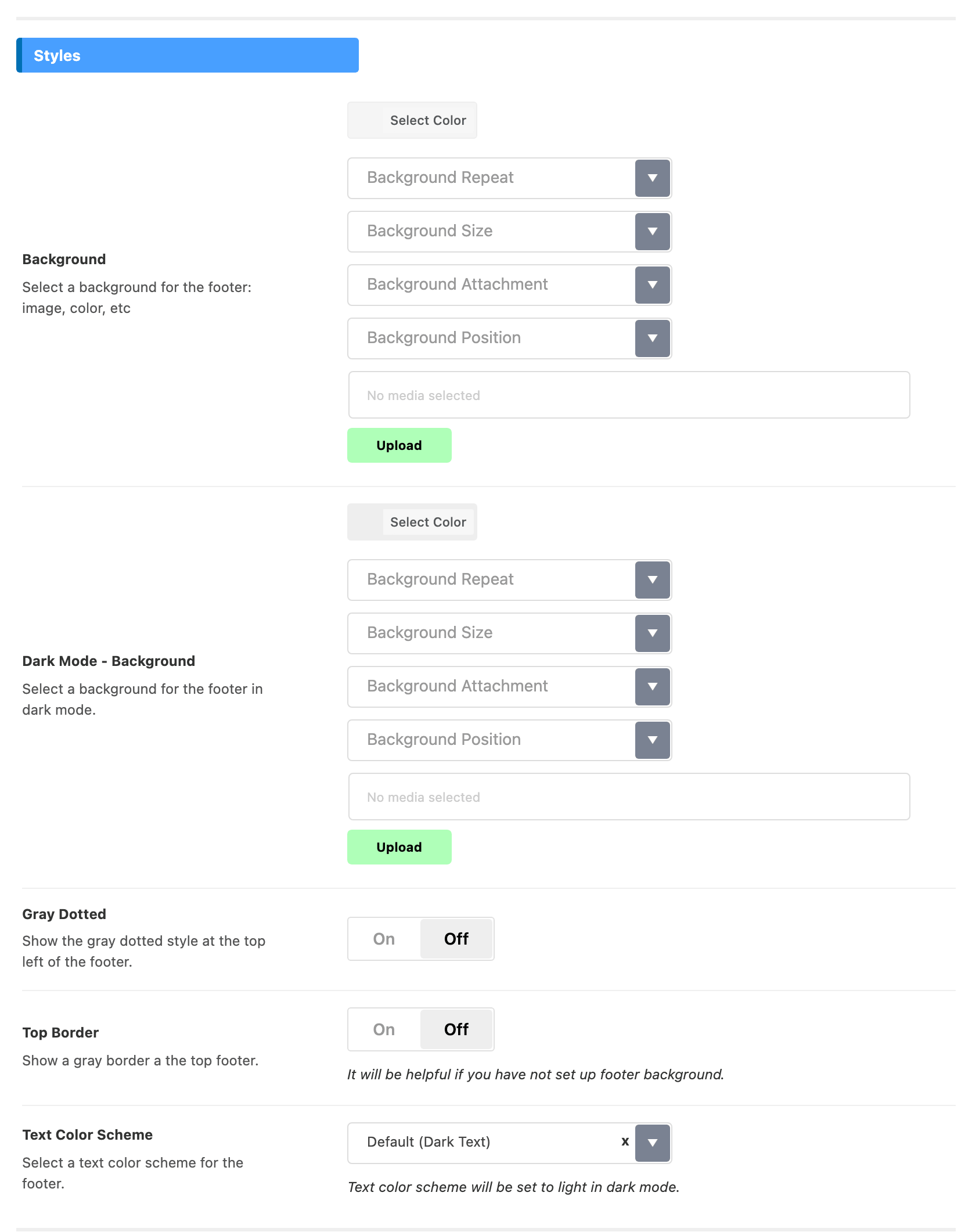 The Styles section of Theme Options > Footer: Background, Dark Mode - Background, Gray Dotted, Top Border and Text Color Scheme.