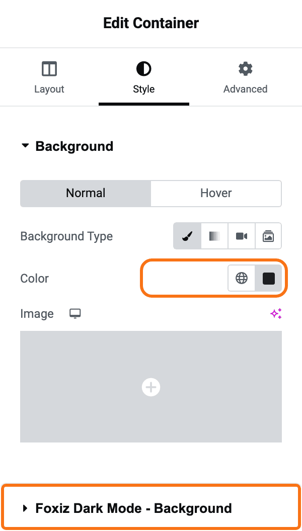 The Style tab of the footer's outer container in Elementor: the Background section open with Background Type on Classic and a dark Color, and further down the Foxiz Dark Mode - Background section, where the dark mode colour goes; the Color swatch and that section's heading are outlined in orange.