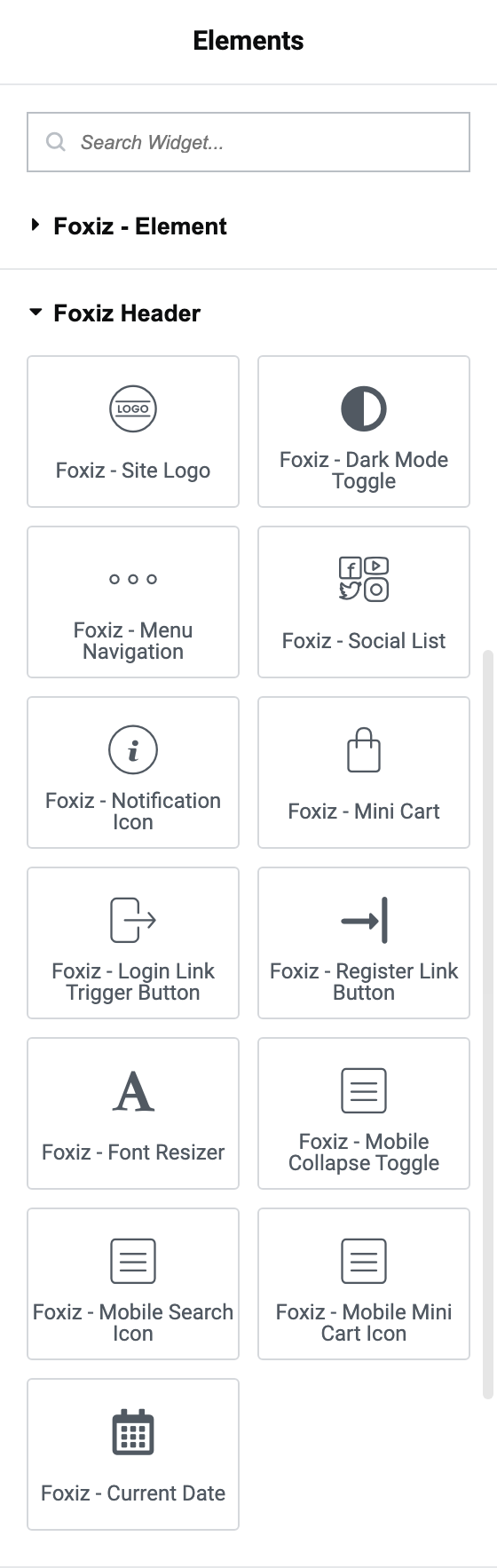 The Elementor widget panel open on the Foxiz Header group, with Foxiz - Site Logo and Foxiz - Social List among its blocks.