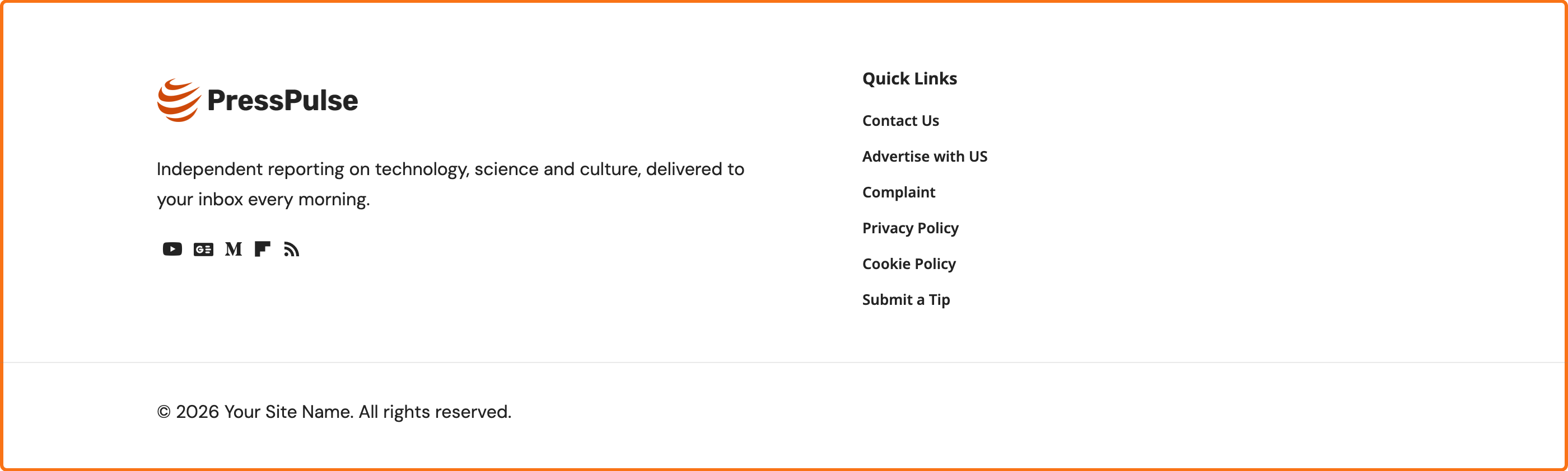 A footer built as a Ruby Template, outlined in orange: the logo, a short about line and the social icons, a Quick Links menu, and a copyright row.