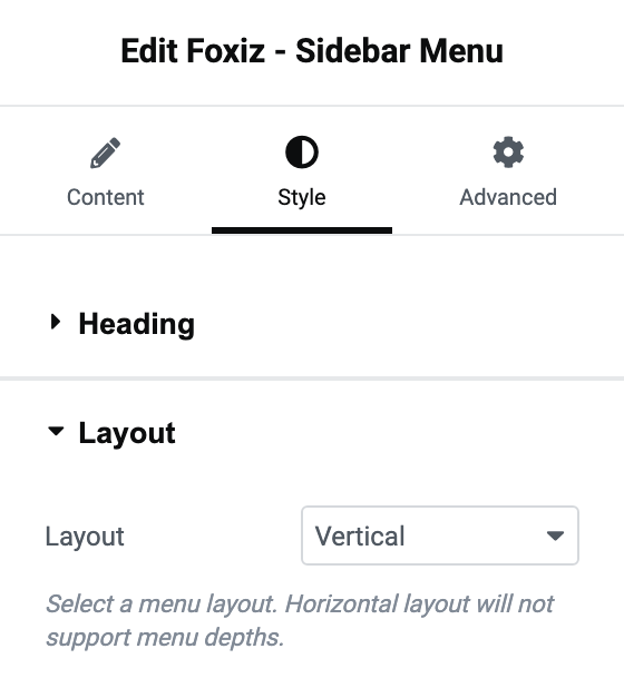 The Style tab of Foxiz - Sidebar Menu, its Layout section open with Layout set to Vertical.