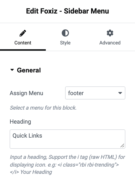 The Content tab of Foxiz - Sidebar Menu, with Assign Menu set to a footer menu and Quick Links typed as the Heading.