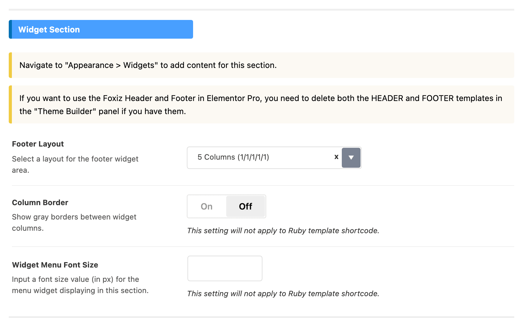 The Widget Section group of Theme Options > Footer, holding Footer Layout, Column Border and Widget Menu Font Size