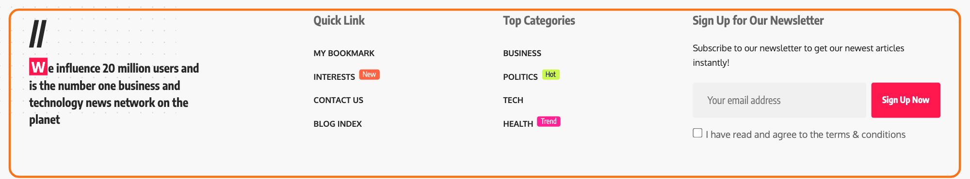 The four footer widget columns on the Foxiz Default demo, outlined in orange, each holding the widgets of one Footer - Column area.