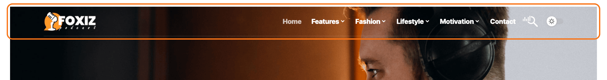 The transparent header of the Foxiz Podcasts demo, its menu in light text over the image at the top of the page