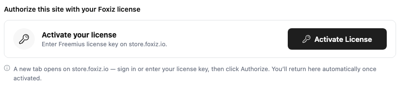 The Foxiz dashboard card Authorize this site with your Foxiz license, with the Activate License button
