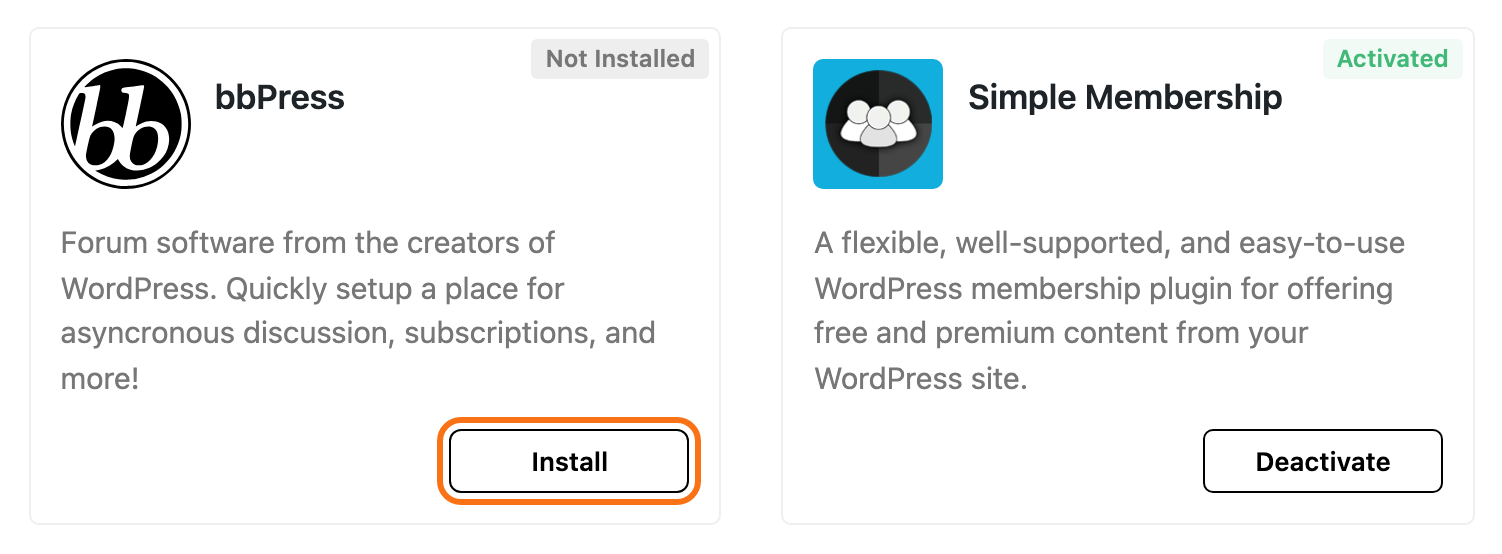 Two cards of Foxiz > Dashboard > Recommended Plugins: the bbPress card marked Not Installed and its Install button outlined in orange