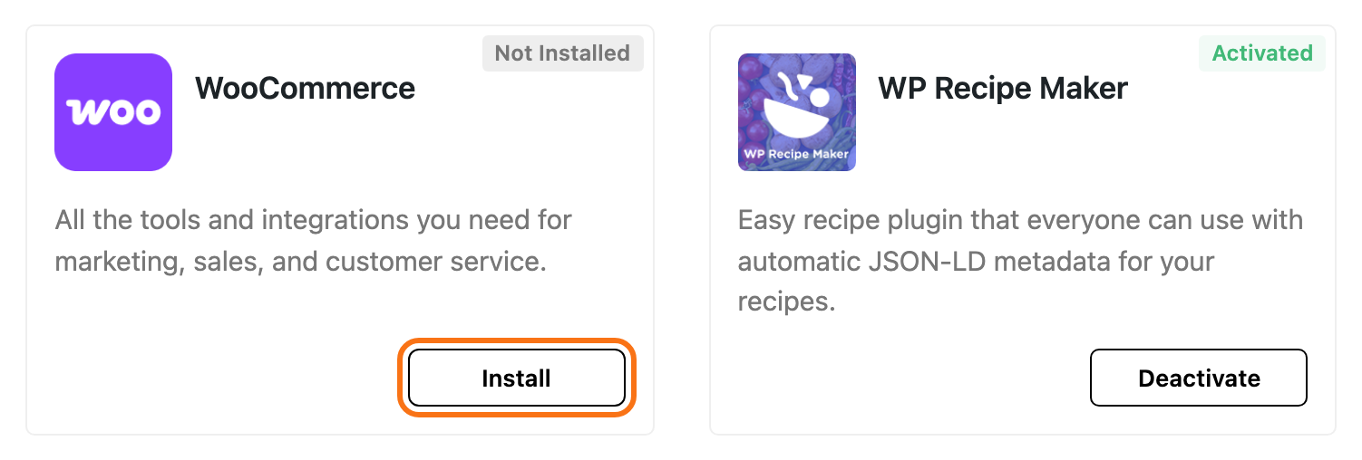 Two cards of Foxiz > Dashboard > Recommended Plugins: the WooCommerce card marked Not Installed and its Install button outlined in orange