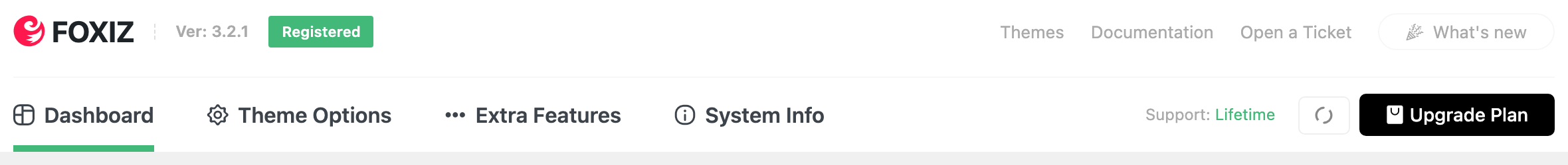 The top of the Foxiz dashboard: Ver: and Registered on the left, Open a Ticket among the links, and Support: Lifetime with the reload button beside Upgrade Plan