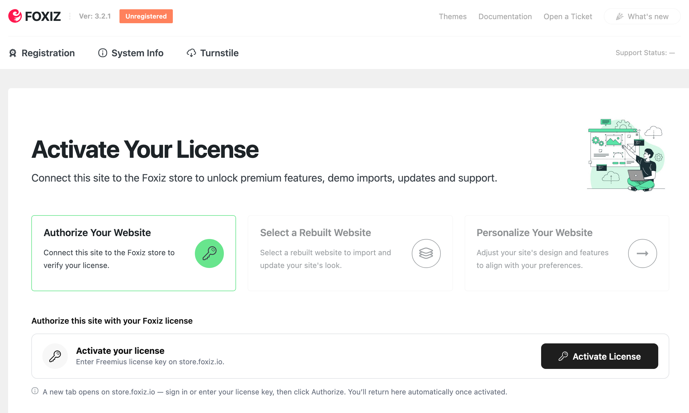 The Foxiz dashboard before activation: an Unregistered badge, the Registration tab, and the Activate Your License card