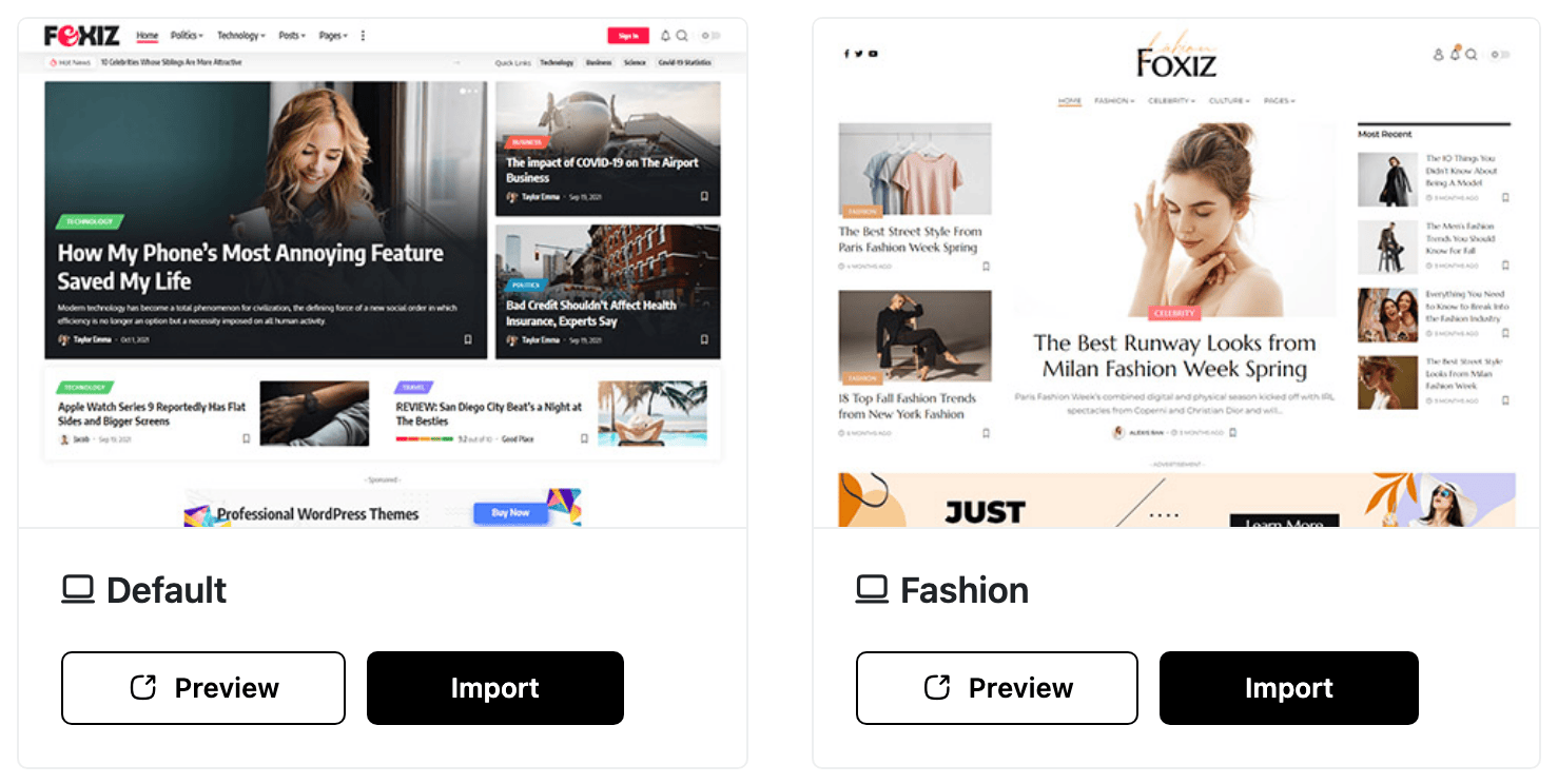Two demo cards in the importer, Default and Fashion, each showing a screenshot above its Preview and Import buttons