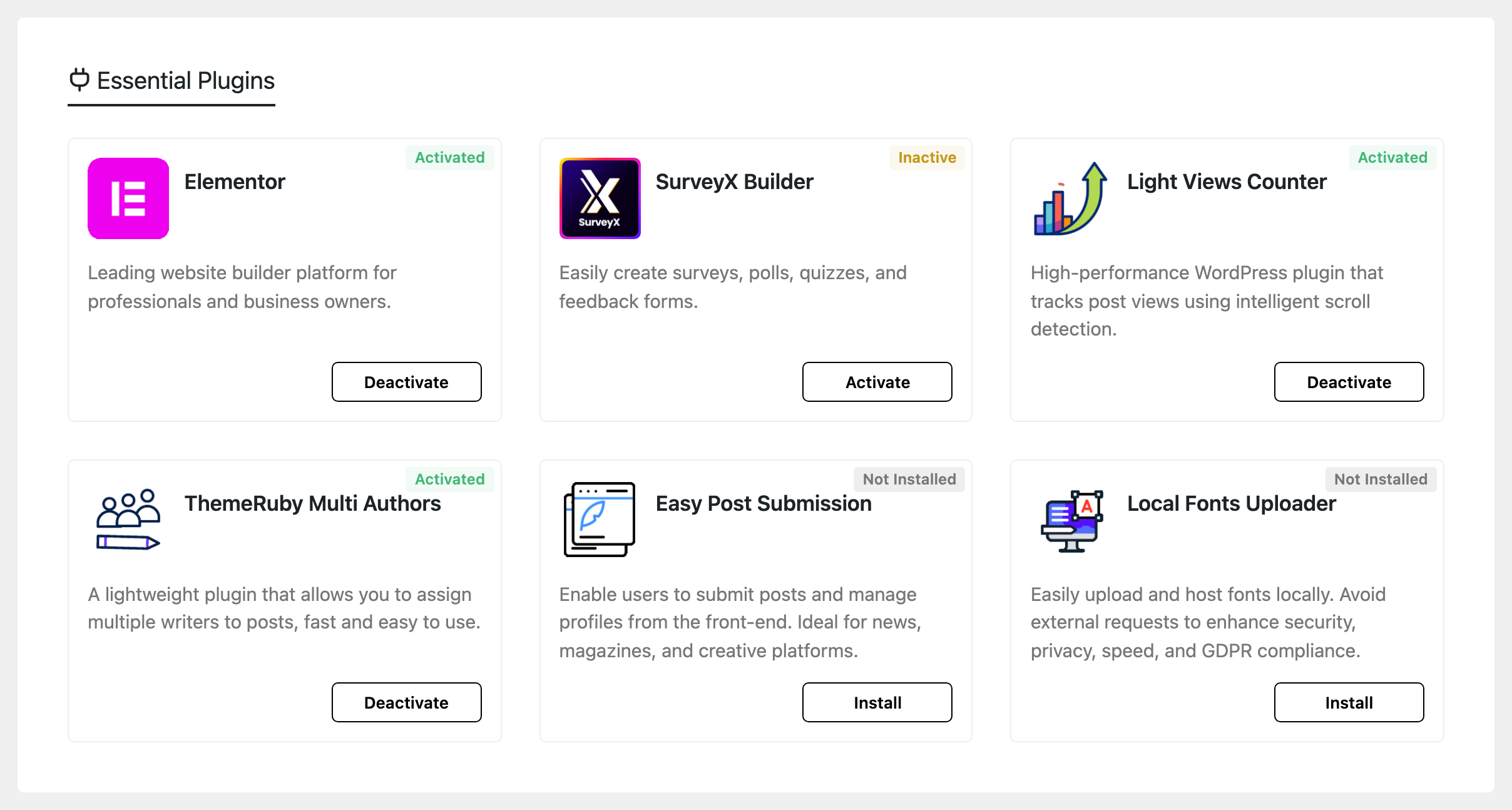 The Essential Plugins cards on the Foxiz dashboard, some marked Not Installed with an Install button and one Inactive with Activate