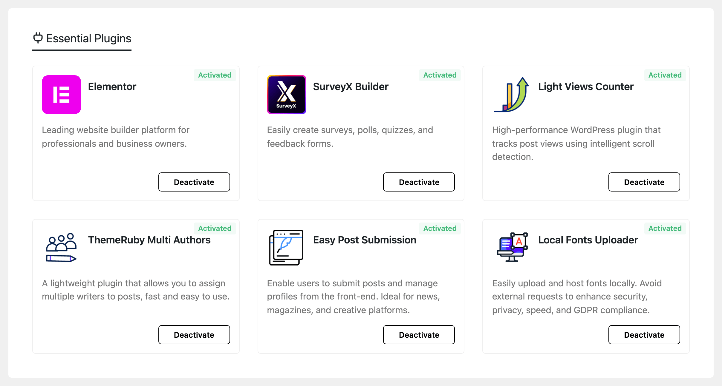 The Essential Plugins list: Elementor, SurveyX Builder, Light Views Counter, ThemeRuby Multi Authors, Easy Post Submission and Local Fonts Uploader, each marked Activated with a Deactivate button