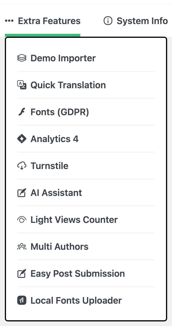 The Extra Features menu on the Foxiz dashboard opened, with Demo Importer first in the list and the System Info tab beside Extra Features