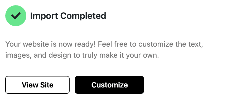 The Import Completed step of the demo importer, with View Site and Customize
