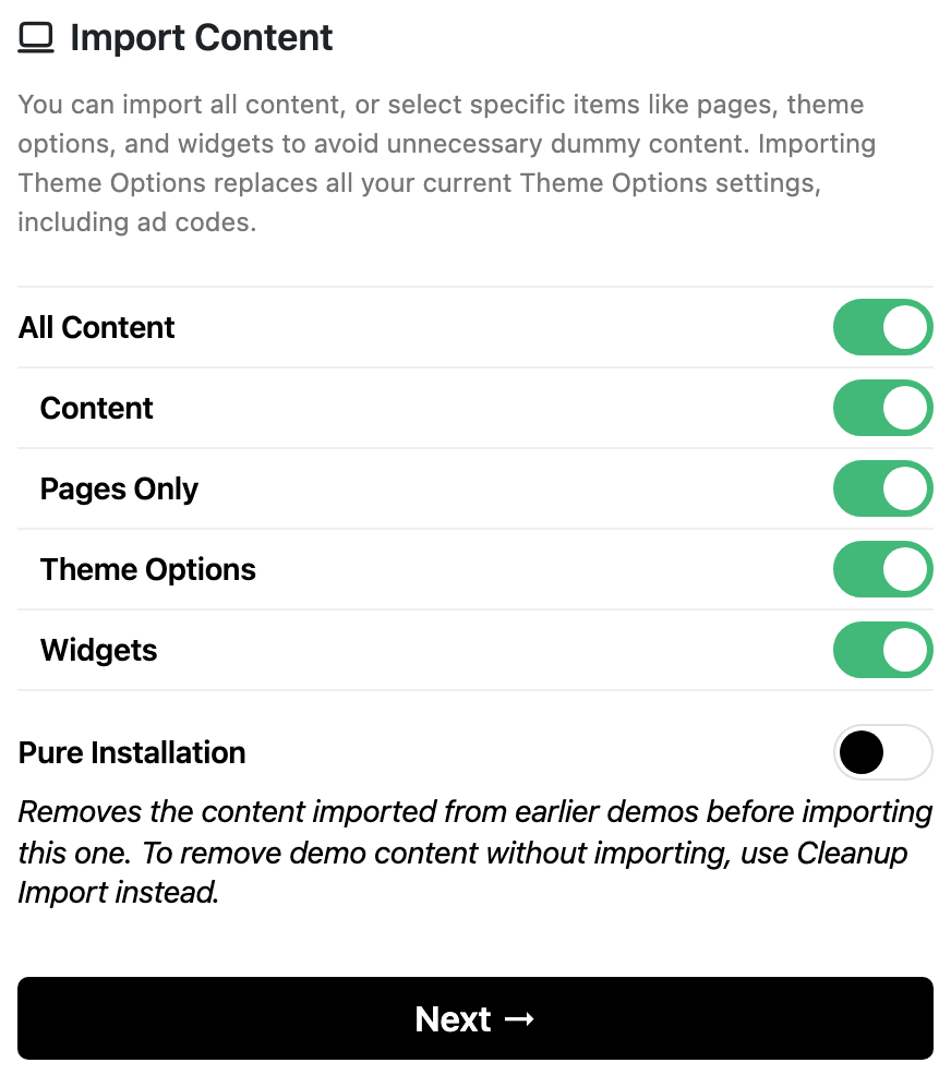 The Import Content step of the demo importer, with All Content, Content, Pages Only, Theme Options, Widgets and Pure Installation