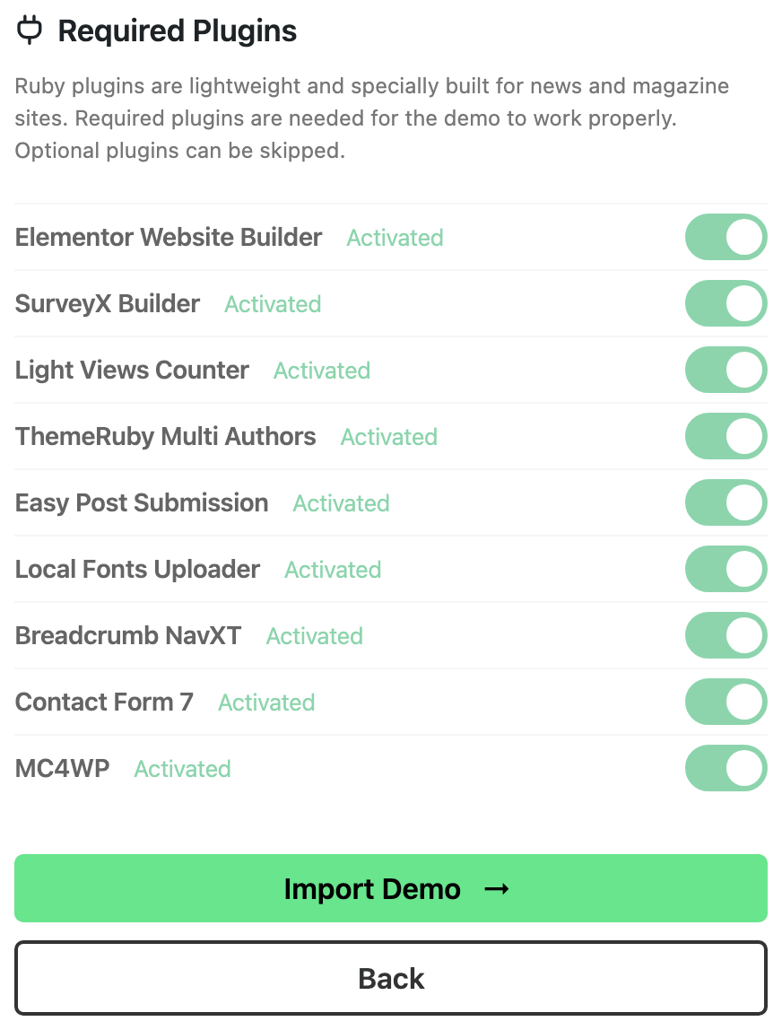 The Required Plugins step of the demo importer, with the Import Demo button