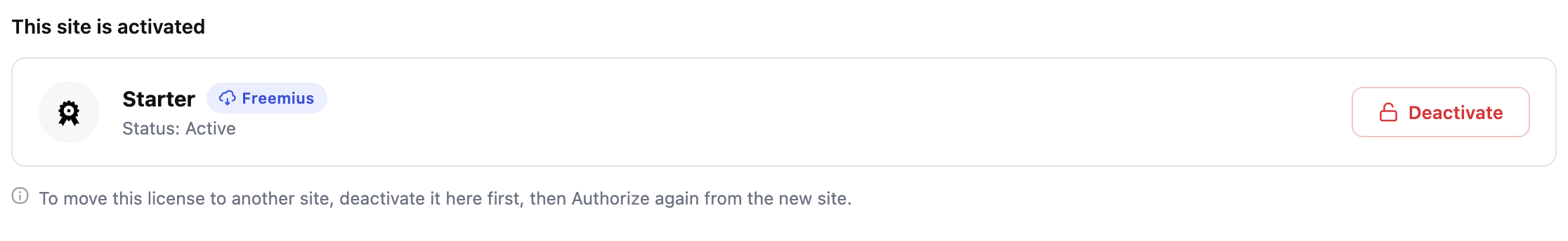 The licence card reading This site is activated, with the plan name and status