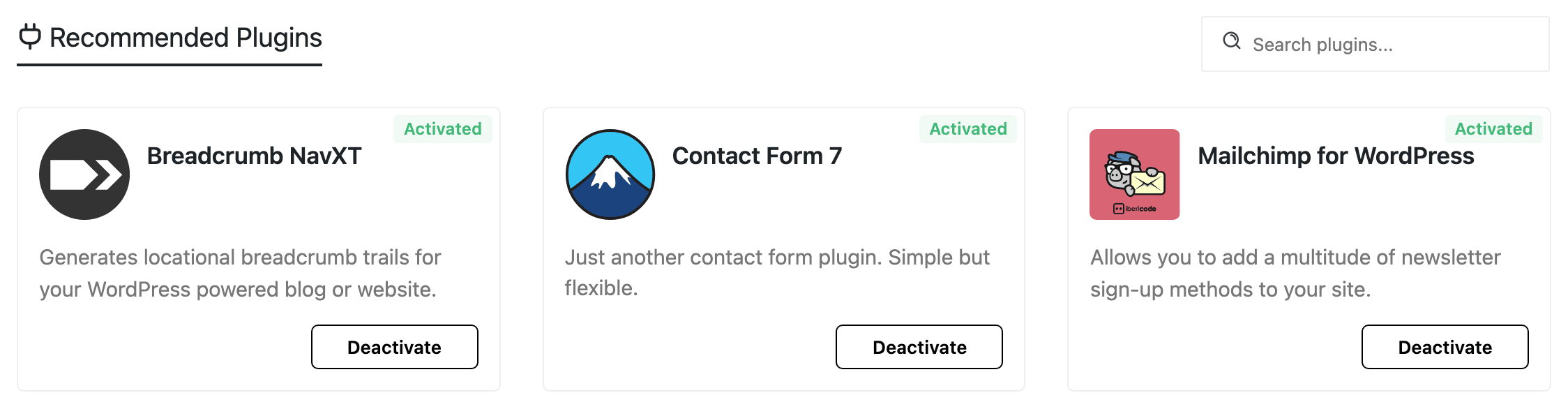 The Recommended Plugins section of the Foxiz dashboard: the search box on the right and the first row of cards, Breadcrumb NavXT, Contact Form 7 and Mailchimp for WordPress, each marked Activated