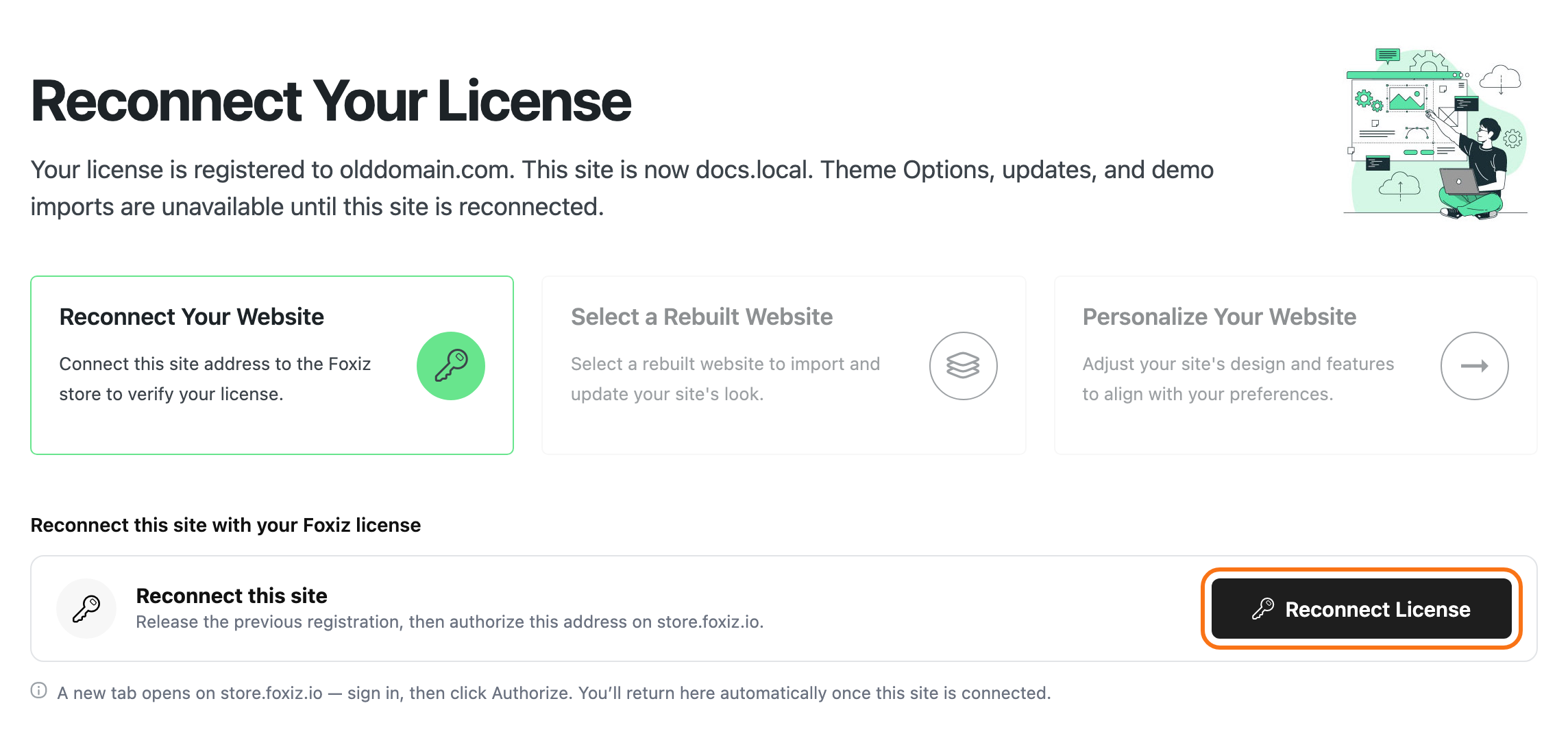 The Foxiz dashboard headed Reconnect Your License, naming the address the license is registered to, with the Reconnect License button outlined in orange