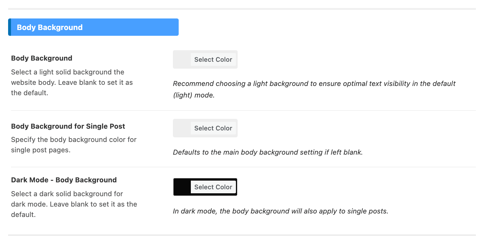 The Body Background group of Theme Options > Global Colors, with Dark Mode - Body Background under the two light fields