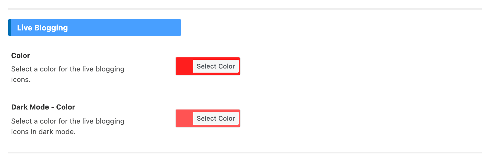 The Live Blogging group of Theme Options > Global Colors, with Color and Dark Mode - Color
