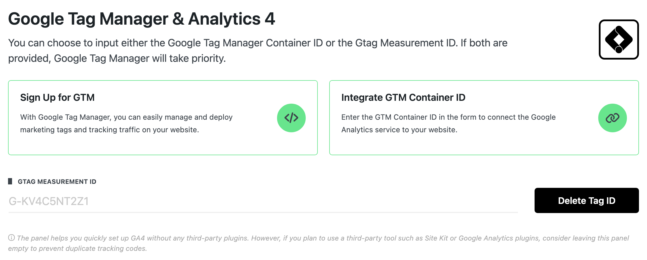 The Google Tag Manager & Analytics 4 panel after saving: the Gtag Measurement ID and the Delete Tag ID button