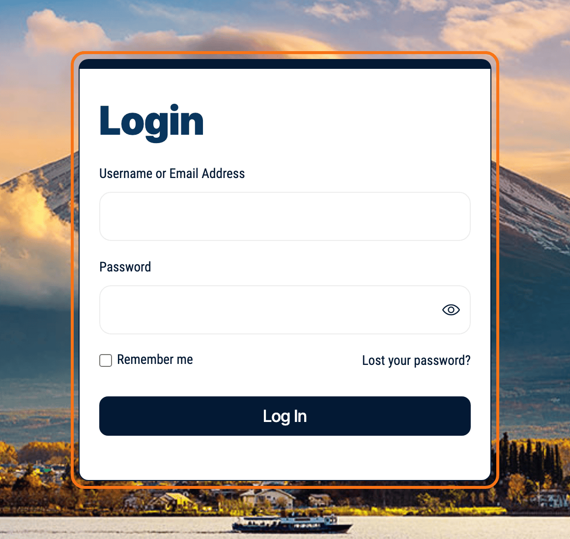 A login page on the Morning News demo built with the Foxiz - Login Form block, outlined in orange: the Login heading, Username or Email Address and Password fields, Remember me, Lost your password? and the Log In button