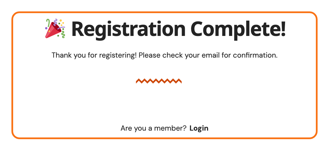 A registration page built with Foxiz - Register Form, right after a test sign up, outlined: the default Registration Complete! heading and Thank you for registering! Please check your email for confirmation. in place of the form