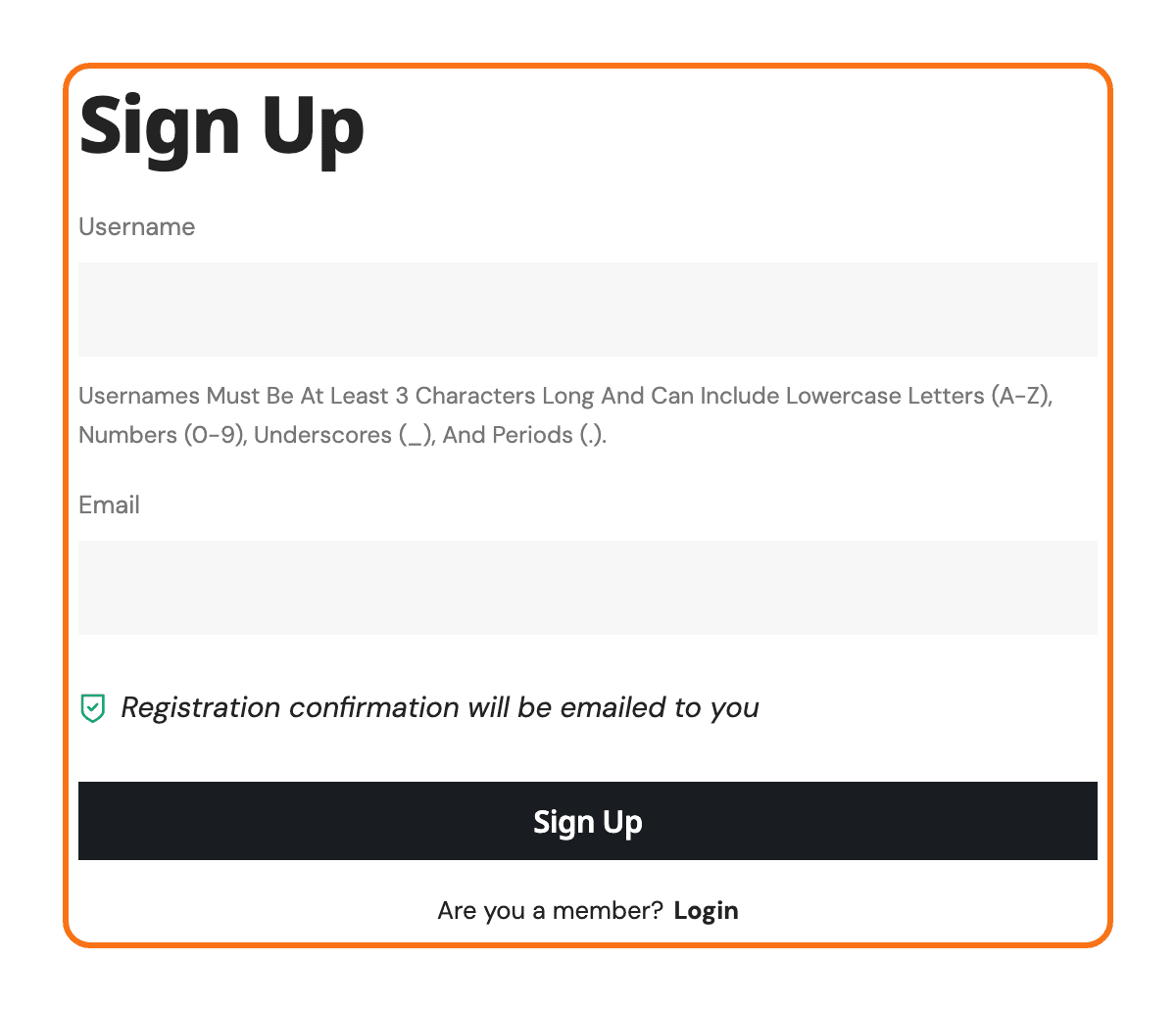 The sign up page on a demo site built with the Foxiz - Register Form block, outlined in orange: the Sign Up heading, the Username field with the note on allowed characters, the Email field, Registration confirmation will be emailed to you, the Sign Up button and Are you a member? Login