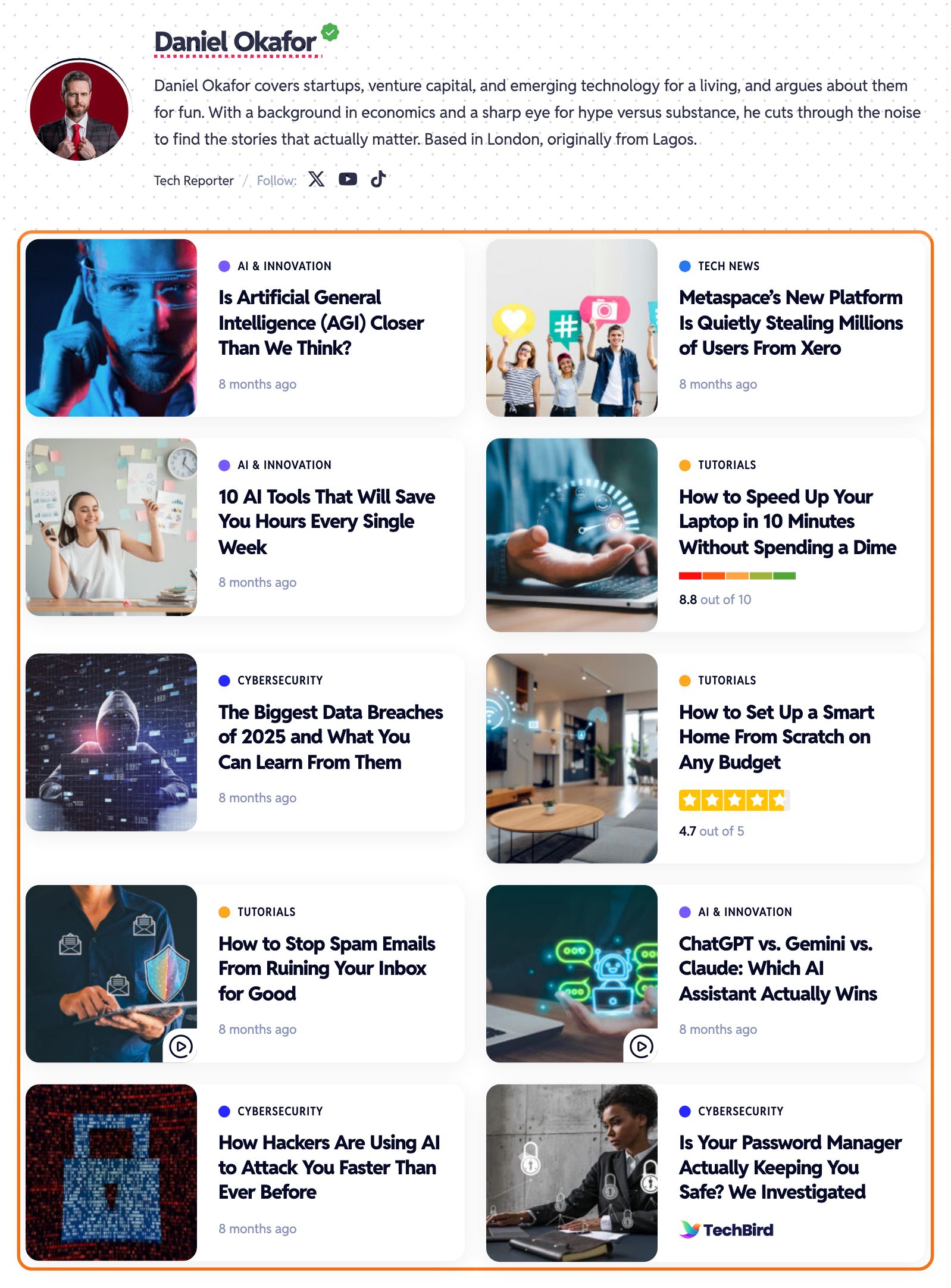 An author page on the Digital Haven demo whose post listing comes from a Ruby Template: under the Author Bio header for Daniel Okafor, a two column Foxiz - Flex List block outlined in orange