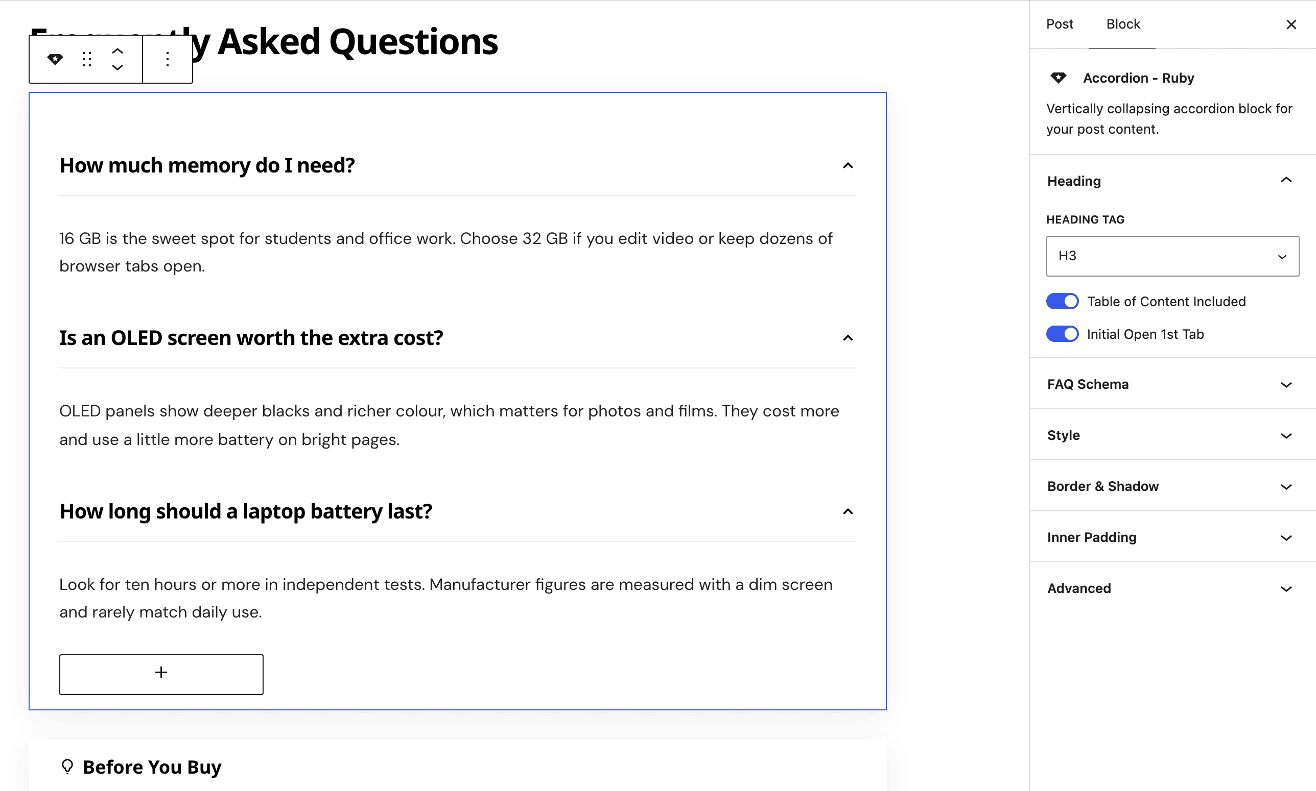 The post editor with an Accordion - Ruby block selected, three question items in the canvas, and the Block tab open on Heading: Heading Tag H3, Table of Content Included and Initial Open 1st Tab, with the other panels closed below