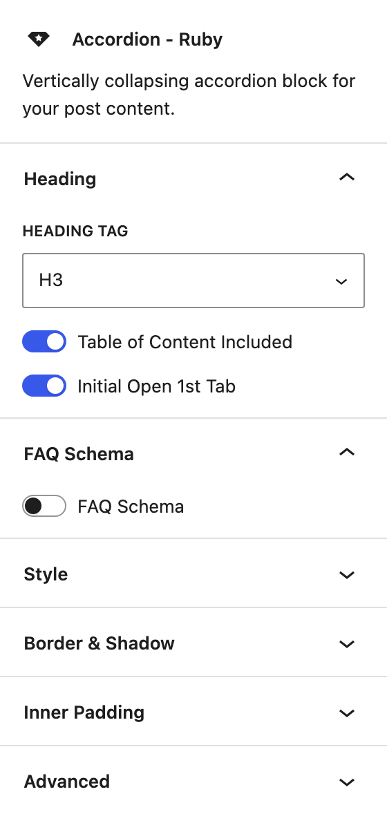 The block settings sidebar for Accordion - Ruby, with the Heading panel showing Heading Tag, Table of Content Included and Initial Open 1st Tab, and the FAQ Schema panel below it