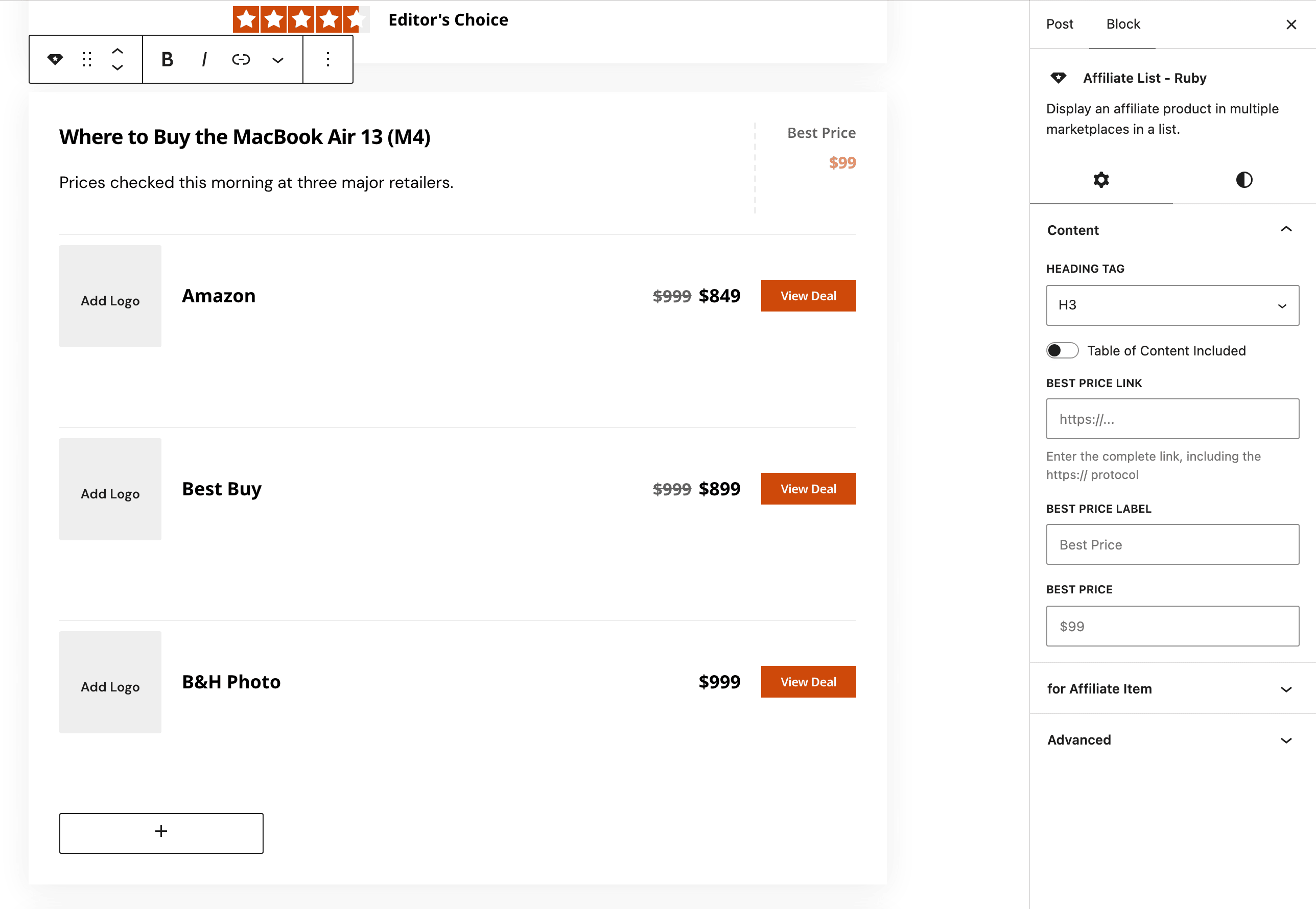 The post editor with an Affiliate List - Ruby block selected, three retailers each with an Add Logo placeholder, a price and a View Deal button, and the Block tab open on Content with the Best Price fields